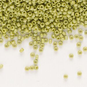 Seed bead, Miyuki, glass, pkg/250g, #15 rocaille, opaque matte rainbow seaweed green, (RR-4697).