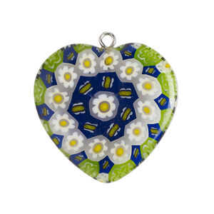 Focal 1pkg1, silver-finished steel / millefiori glass, transparent / translucent green / multicolored, 29-31mm puffed heart.
