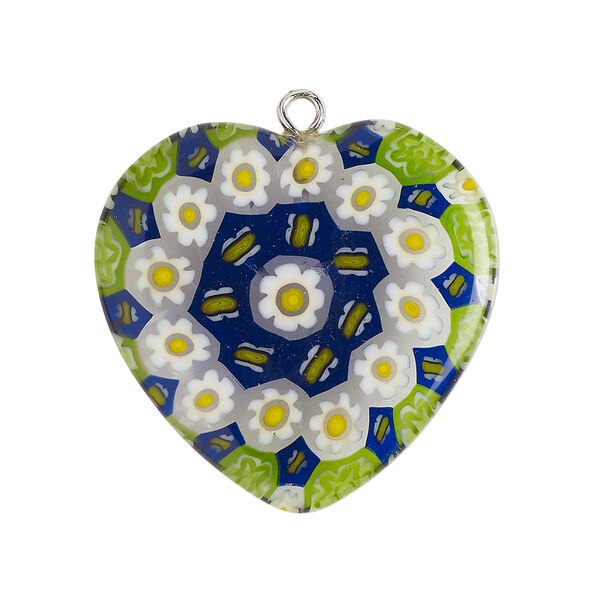 Focal 1pkg1, silver-finished steel / millefiori glass, transparent / translucent green / multicolored, 29-31mm puffed heart. image number 0
