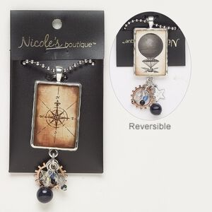 Necklace, glass / silver-finished "pewter" (zinc-based alloy) / steel, multicolored, 2-3/4 x 1-1/4 inch double-sided rectangle with compass and hot air balloon decal, 24 inches with lobster claw clasp. Sold individually.