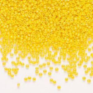 Seed bead, Miyuki, glass, pkg/250g, #15 rocaille, opaque rainbow canary (RR-472D).