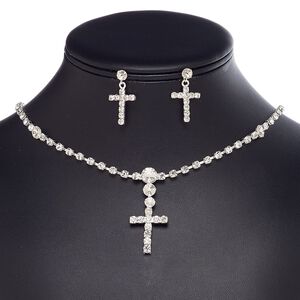 Necklace and earring set, glass rhinestone / plastic / imitation rhodium-plated brass / steel, clear, 1-3/4 inch dangle with cupchain and 24x20mm cross, 15" to 16" necklace with 3-inch extender chain and lobster claw clasp, 29mm earrings with post. Sold per set.