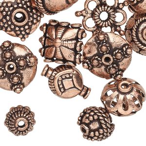 Bead and bead cap, antiqued copper, 12x6mm-17x17mm assorted sizes in 50 styles, 2 of each style. Sold per pkg of 100.