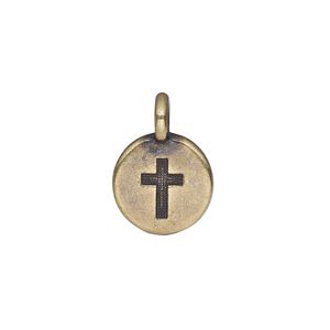 Drop, TierraCast®, antique brass-plated pewter (tin-based alloy), 11.5mm single-sided round with cross. Sold per pkg of 20.