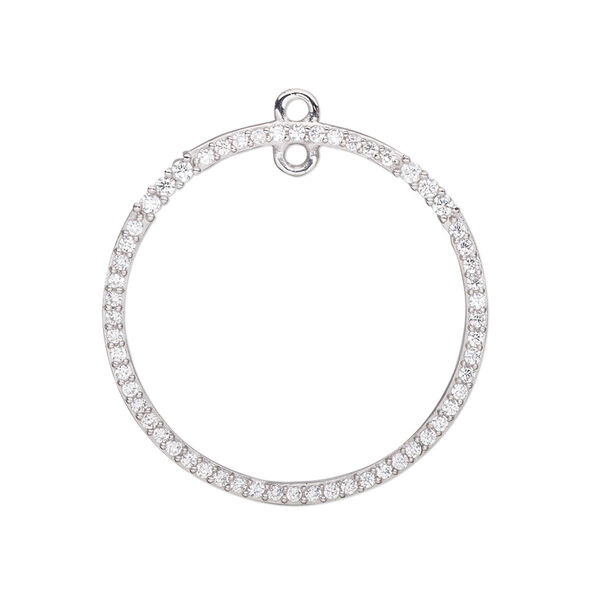 Drop, cubic zirconia and rhodium-plated sterling silver, clear, 28mm single-sided open round with loop. Sold individually. image number 0