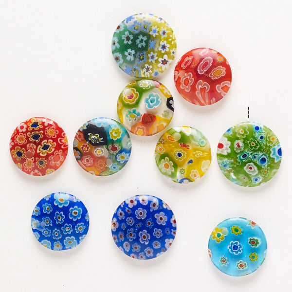 Bead, millefiori glass, pkg/10, opaque to transparent multicolored, 19mm top-drilled/half-drilled/undrilled puffed flat round. image number 0