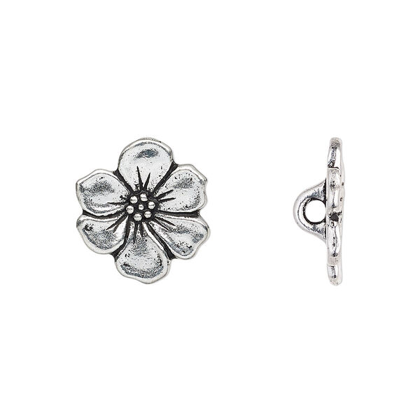 Button, TierraCast®, antique silver-plated pewter (tin-based alloy), 15x14mm flower with loop. Sold per pkg of 20. image number 0