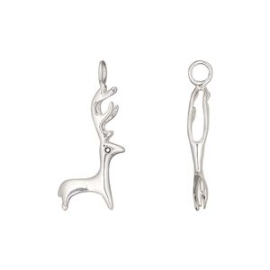 Charm 1pkg1 sterling silver / cubic zirconia 20.5x9mm 3D reindeer perpendicular loop, black