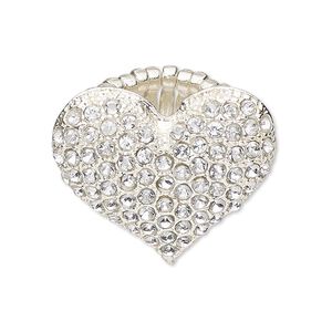 Ring, stretch, acrylic and silver-finished "pewter" (zinc-based alloy), clear, 29x25mm heart, size 5.5 to 7. Sold individually.