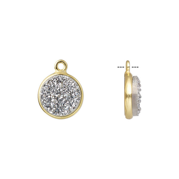 Drop, titanium- / electro-coated druzy agate (coated) / gold-finished sterling silver, antique silver, 11mm hand-cut single-sided flat round. Sold individually. image number 0