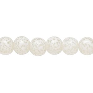 Bead, glass, opaque white and clear, 7-8mm round with random spotted pattern. Sold per 15-1/2" to 16" strand.