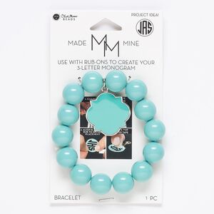 Bracelet, stretch, acrylic / enamel / silver-finished "pewter" (zinc-based alloy) / steel, turquoise blue, 14mm round and 28mm dangle with rub-on setting, 5-3/4 to 6-3/4 inches. Sold individually.