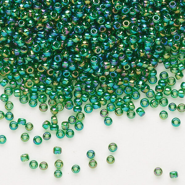 Seed bead, Dyna-Mites™, glass, pkg/40g, #11 round, translucent rainbow emerald green, (22R 11/0 RR). image number 0
