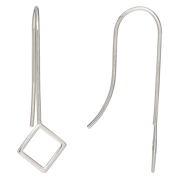 Ear wire, sterling silver, 41mm fishhook with diamond perpendicular loop, 20 gauge. Sold per pair. image number 0
