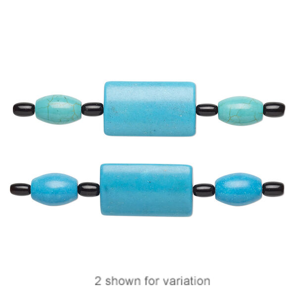 Bead mix, "turquoise" (imitation) resin and glass, blue-green / blue / black, 6x4mm barrel / 12x8mm-13x8mm barrel / 25x15mm-26x15mm puffed rectangle. Sold per pkg of 7. image number 0