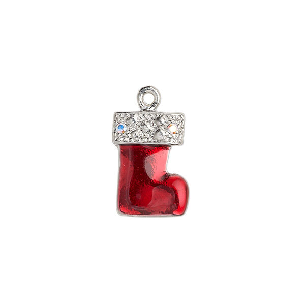 Charm, enamel / crystal / imitation rhodium-plated "pewter" (zinc-based alloy), red and crystal AB, 16x12mm double-sided Christmas stocking. Sold per pkg of 2. image number 0