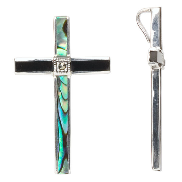 Pendant, sterling silver with marcasite / paua shell (natural) / black onyx (dyed), 39x24mm cross. Sold individually. image number 0