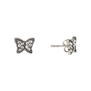 Earstud, Create Compliments®, antiqued sterling silver and crystal, clear, 10x7.5mm butterfly. Sold per pair.