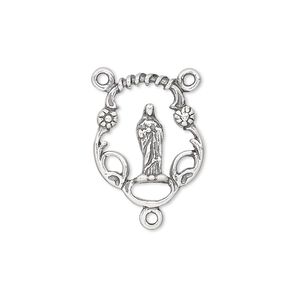 Connector, antiqued sterling silver, 20x16mm open oval rosary with Madonna. Sold individually.
