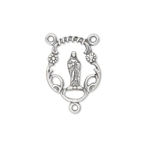 Connector, antiqued sterling silver, 20x16mm open oval rosary with Madonna. Sold individually. image number 0