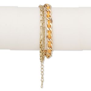 Bracelet, faux suede and gold-finished steel, orange, 7mm wide with woven design, 6-1/2 inches with 2-inch extender chain and lobster claw clasp. Sold individually.