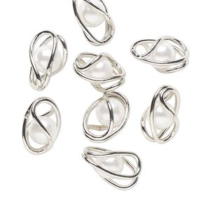 Component VINTAGE Crystal™ 1pkg8 crystal pearl / brass, 12x8.5mm undrilled cage, white / imitation rhodium finish