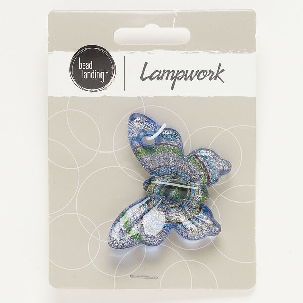 Focal, lampworked glass, green / blue / purple, 46x37mm butterfly with silver-colored foil. Sold individually. image number 0