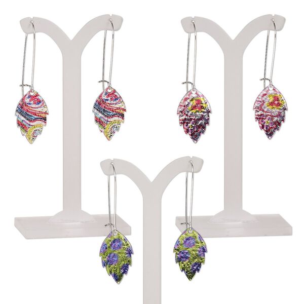 Earring mix, mylar / imitation rhodium-plated steel / "pewter" (zinc-based alloy), multicolored, 2-1/4 inches with leaf and kidney ear wire. Sold per pkg of 3 pairs. image number 0