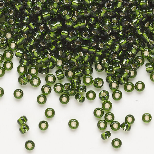 Seed bead, Miyuki, glass, pkg/250g, #8 rocaille, transparent silver-lined olive green (RR-26). image number 0