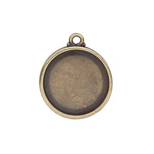 Drop, TierraCast®, antique brass-plated pewter (tin-based alloy), 29mm round with poppy design, 25.5mm cabochon setting. Sold individually