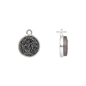 Druzy agate / sterling silver 1pkg1, electrocoated hand-cut flat round drop 11mm