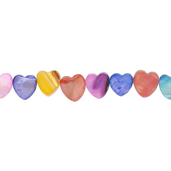 Bead, freshwater pearl shell (dyed), mixed colors, 6mm flat hand-cut heart, Mohs hardness 3-1/2. Sold per 15-1/2" to 16" strand. image number 0