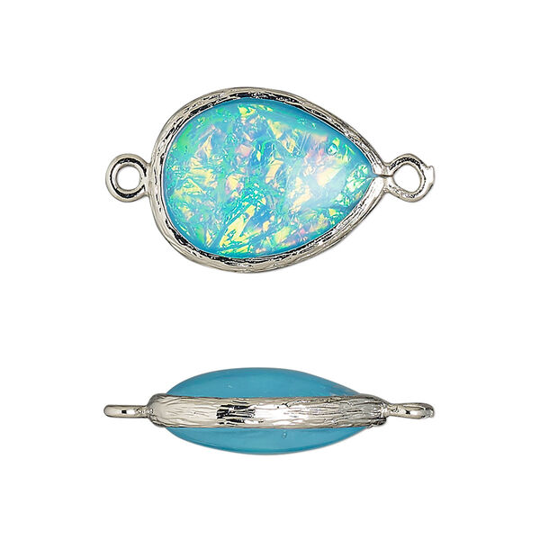 Link, Opalized Ice™, "opal" (resin) and imitation rhodium-finished brass, opaque light blue, 19.5x15mm double-sided teardrop. Sold per pkg of 4. image number 0