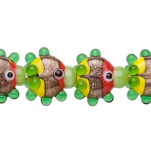 Bead, lampworked glass, multicolored with copper-colored foil, 17x16mm-20x19mm fancy fish. Sold per pkg of 10.
