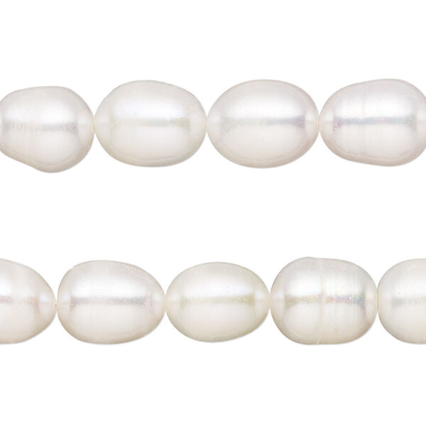 Pearl, cultured freshwater (bleached), white, 9-10mm rice, D grade, Mohs hardness 2-1/2 to 4. Sold per pkg of (2) 14-inch strands. image number 0