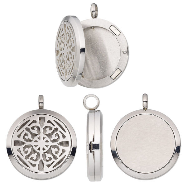 Pendant, stainless steel, 37x30mm single-sided hinged round locket with cutout fancy flower and magnetic closure. Sold individually. image number 0