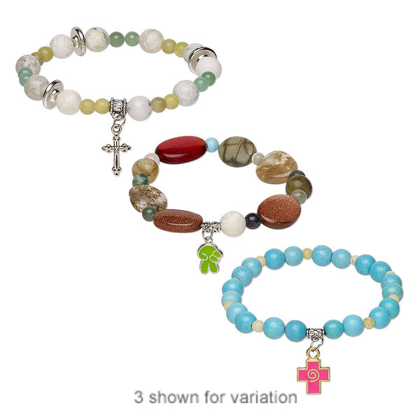Bracelet mix, stretch, multi-gemstone (natural / dyed / stabilized / manmade / imitation) / enamel / glass / coated-plastic / mixed-finished steel / "pewter" (zinc-based alloy), multicolored, 4mm-28x15mm wide, 7 inches. Sold individually. image number 0