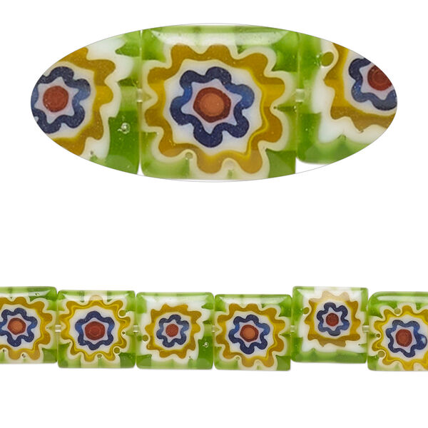 Bead, millefiori glass, translucent green and multicolored, 7mm-9x8mm puffed square with flower design. Sold per 14-inch strand. image number 0