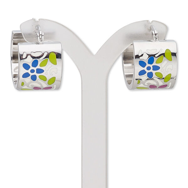 Earring, Avant-Garde Jewelry Collection, enamel and stainless steel, multicolored, 22mm 3/4 hoop with floral design and latch-back closure. Sold per pair. image number 0