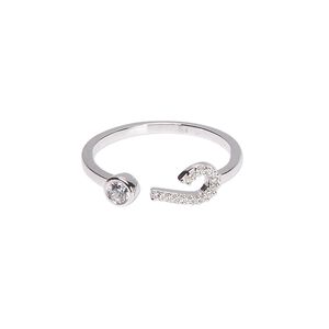 Ring, Create Compliments®, cubic zirconia and rhodium-plated sterling silver, clear, 5.5mm wide with question mark, size 8. Sold individually.