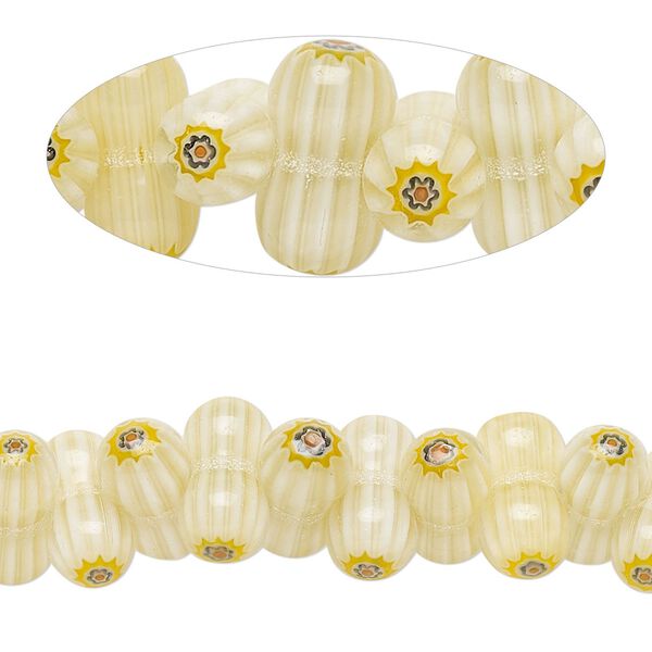 Bead, millefiori glass, translucent light tan and multicolored, 12x6-12x7mm peanut with sunburst and stripe design. Sold per 14-inch strand. image number 0