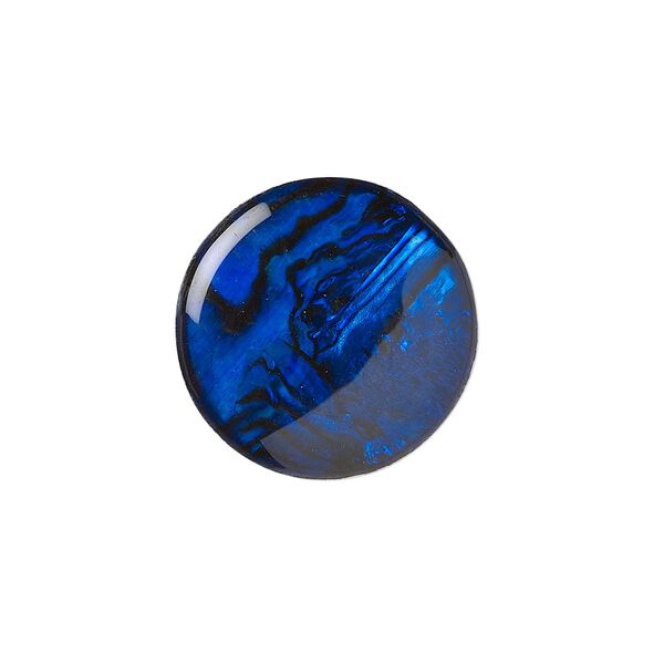 Cabochon, paua shell (coated / dyed), blue, 20mm calibrated round, Mohs hardness 3-1/2. Sold per pkg of 2. image number 0