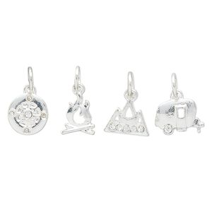 Charm assortment, silver-finished "pewter" (zinc-based alloy) and glass rhinestone, clear, 8-11x7mm multi-shape, outdoors theme. Sold per 4-piece set.