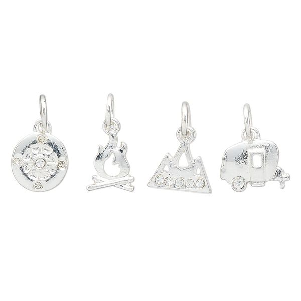 Charm assortment, silver-finished "pewter" (zinc-based alloy) and glass rhinestone, clear, 8-11x7mm multi-shape, outdoors theme. Sold per 4-piece set. image number 0