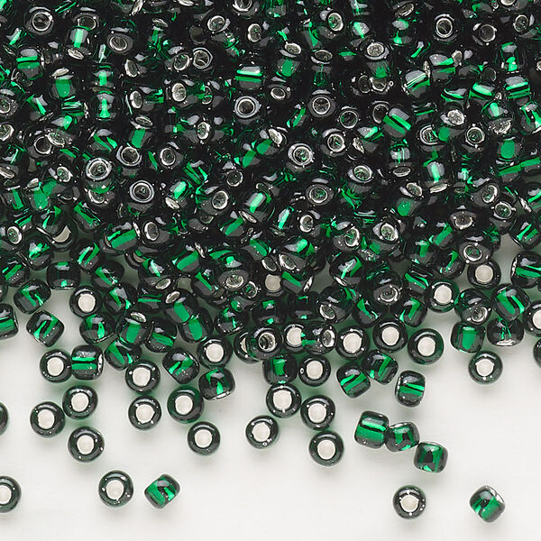 Seed bead, Dyna-Mites™, glass, silver-lined translucent dark green, #8 round. Sold per 40-gram pkg. image number 0