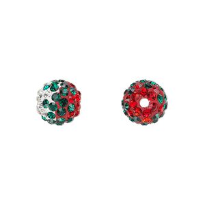 Bead, Egyptian glass rhinestone / epoxy / resin, white / red / green, 10mm round with pavé wave design. Sold individually.
