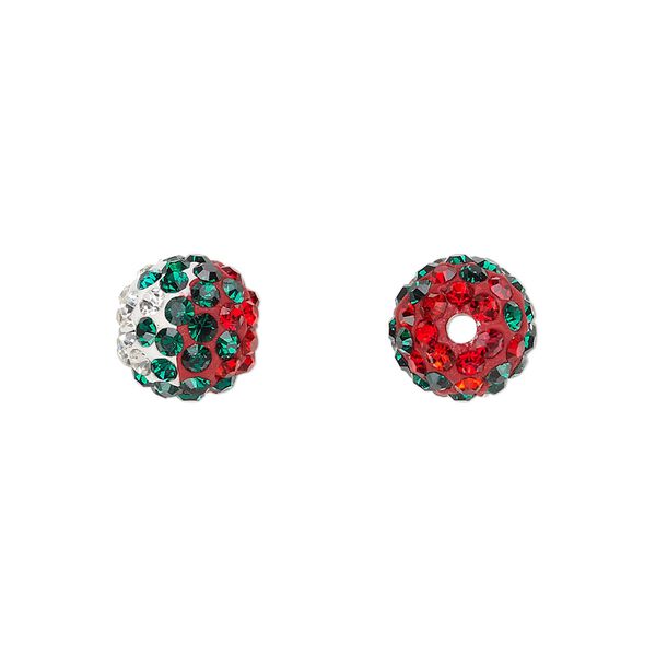 Bead, Egyptian glass rhinestone / epoxy / resin, white / red / green, 10mm round with pavé wave design. Sold individually. image number 0