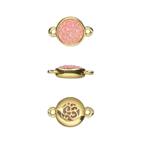 Link, Druzylite™, "druzy" (resin) and gold-finished brass, pink, 9.5mm two-sided round with open filigree back. Sold per pkg of 4. image number 0