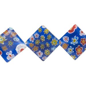 Bead, millefiori glass, translucent cobalt blue and multicolored, 17-19mm puffed diamond with flower and starburst design. Sold per 14-inch strand.