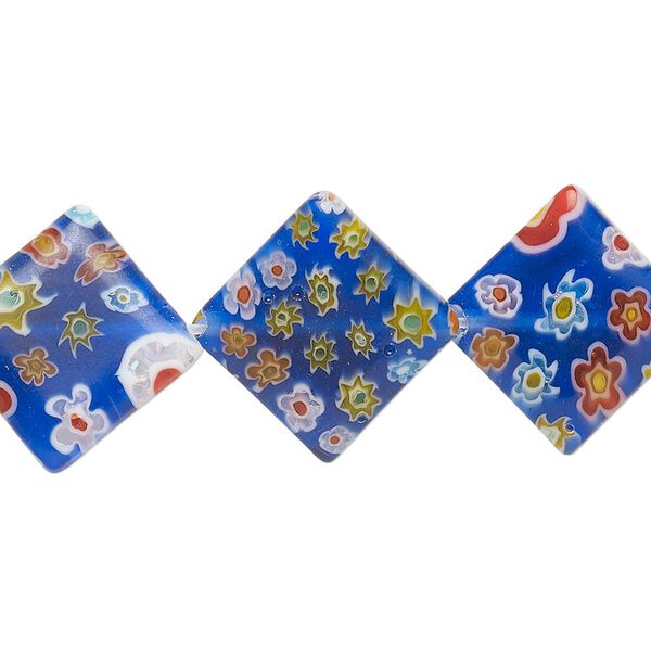 Bead, millefiori glass, translucent cobalt blue and multicolored, 17-19mm puffed diamond with flower and starburst design. Sold per 14-inch strand. image number 0
